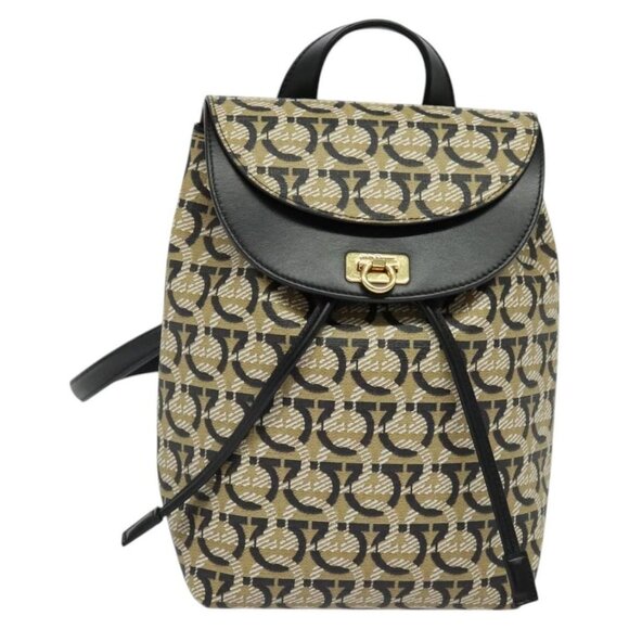 Salvatore Ferragamo Gancini Backpack PVC Leather Beige Gold Auth - Picture 2 of 16